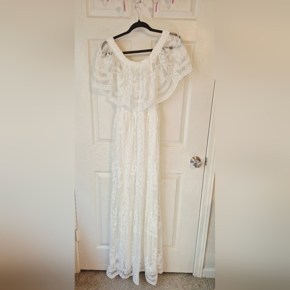 Dress Day Elegant Beachy White Off‎ Shouler Lace Maxi Dress New Size M